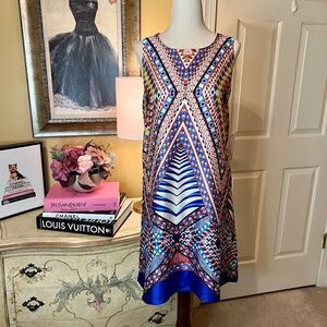 NWT Bisou Bisou Michele Bohbot Colorful Geometric Print Twist Back Dress Size 6